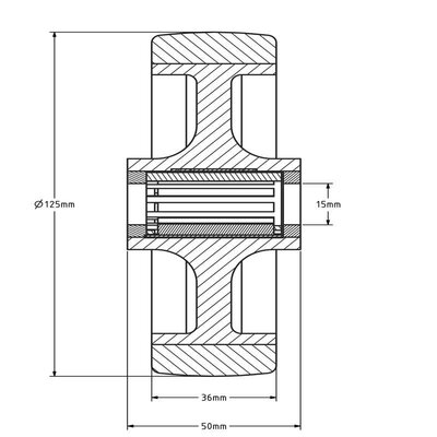 Kóło PU 125 mm - otwór łożyska wałeczkowego 15 mm - 200 kg