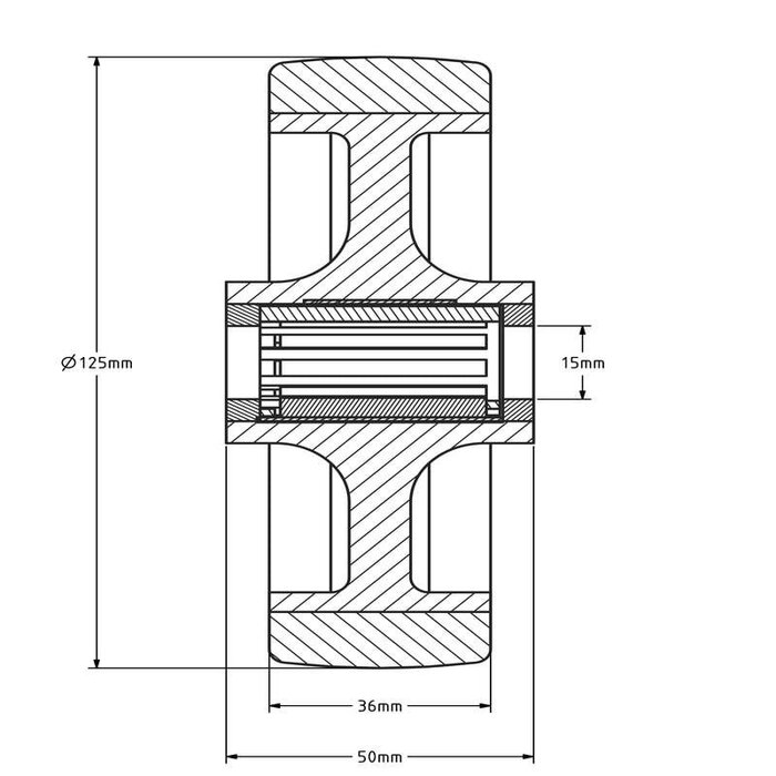 Kóło PU 125 mm - otwór łożyska wałeczkowego 15 mm - 200 kg