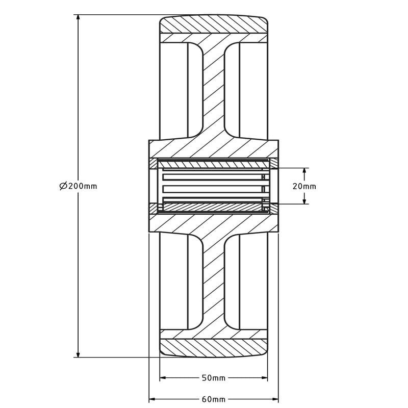 Kóło PU 200 mm - otwór łożyska wałeczkowego 20 mm - 400 kg