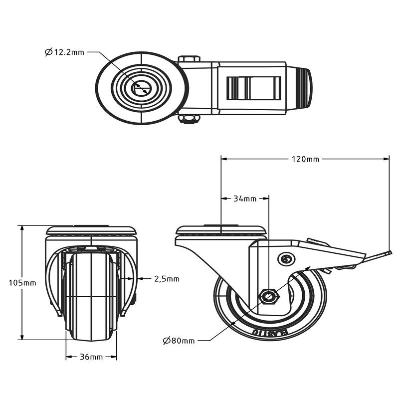 Niebieskie gumowe kółko obrotowe z hamulcem 80 mm - 110 kg