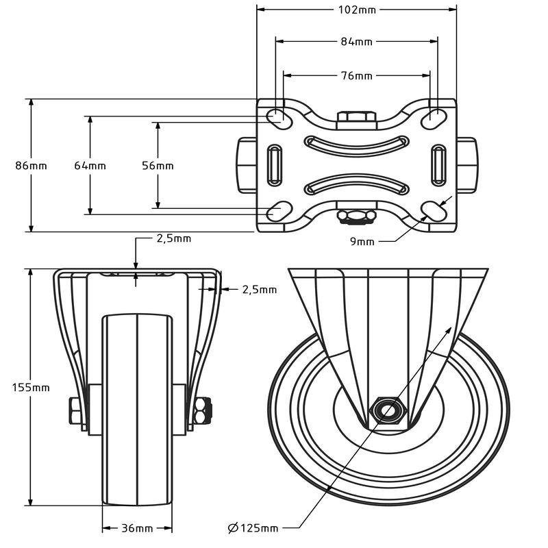 Kółko stałe PU 125 mm - 200 kg