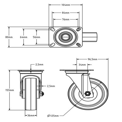 Kółko obrotowe PU 125 mm - łożysko rolkowe - 200 kg