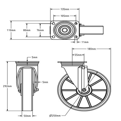 Kółko obrotowe PU 250 mm - łożysko kulkowe - 1000 kg