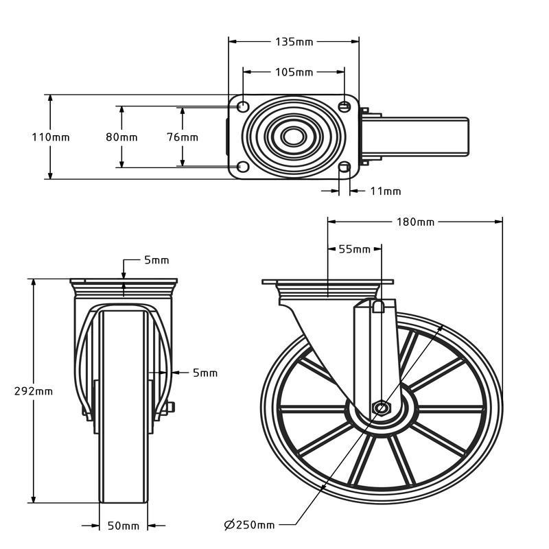 Kółko obrotowe PU 250 mm - łożysko kulkowe - 1000 kg