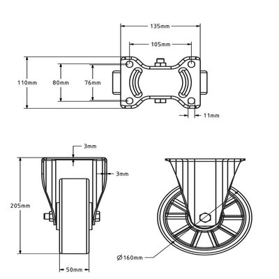 Kółko stałe PU 160 mm - łożysko kulkowe - 800 kg