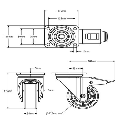 Kółka obrotowe PU z hamulcem 125 mm - łożysko kulkowe - 500 kg