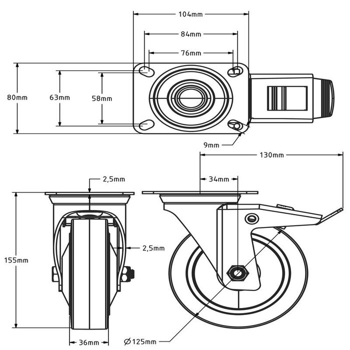 Walizka transportowa - Gumowe kółka z hamulcem 125 mm - 220 kg