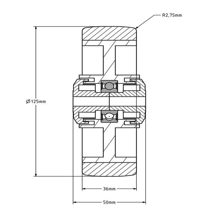 Kóło PU 125 mm - otwór łożyska kulkowego 10 mm - 200 kg