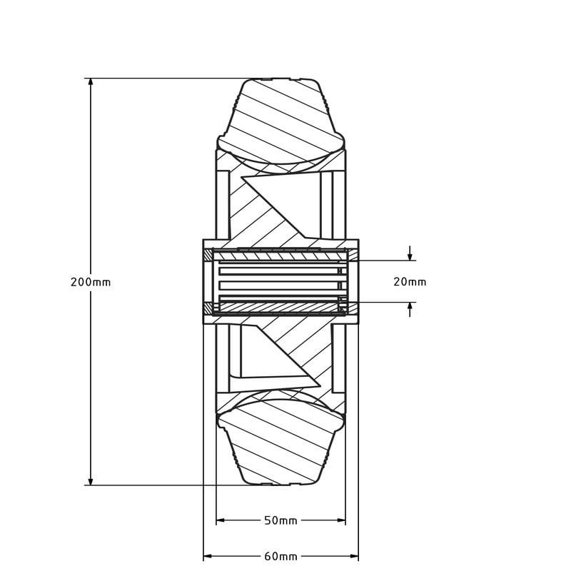 Kółko gumowe 200 mm - otwór łożyska wałeczkowego 20 mm - 205 kg