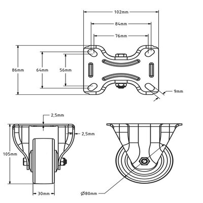 Kółko stałe gumowe 80 mm - łożysko kulkowe - 80 kg