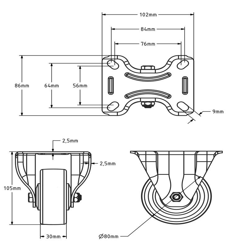 Kółko stałe gumowe 80 mm - łożysko kulkowe - 80 kg