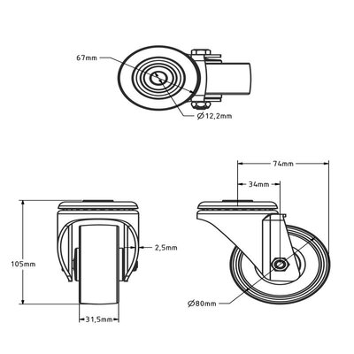 Nylonowe kółko obrotowe 80 mm - łożysko wałeczkowe - 130 kg