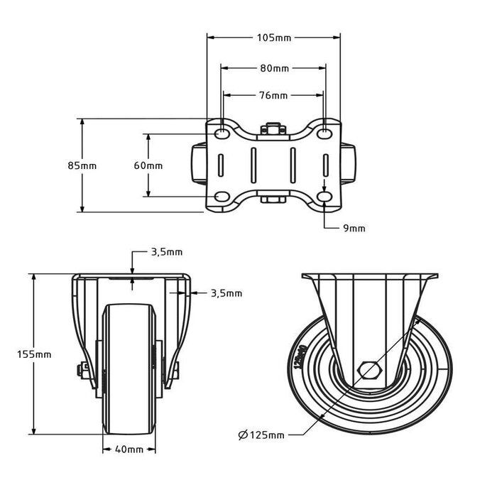 Kółko stałe gumowe 125 mm - łożysko kulkowe - 200 kg