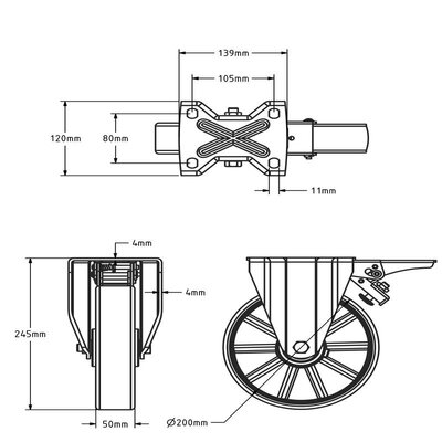 ESD PU kółko stałe z hamulcem 200 mm - łożysko kulkowe - 560 kg