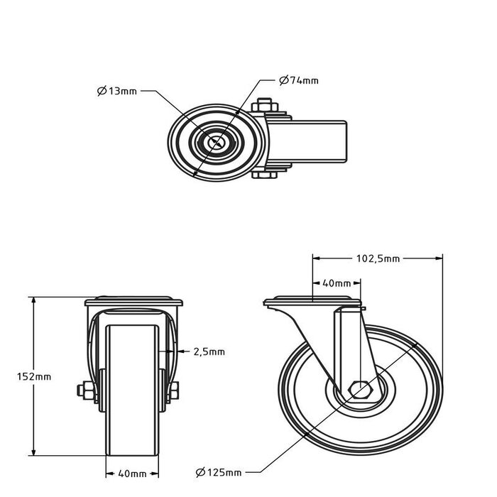 Kółka obrotowe ze stali nierdzewnej 125 mm - Nylon - 300 kg