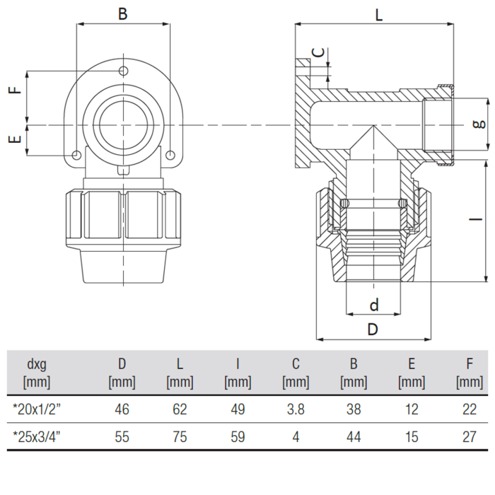 Unidelta Muurplaat 90° PP 20 mm x 1/2" knel x binnendraad
