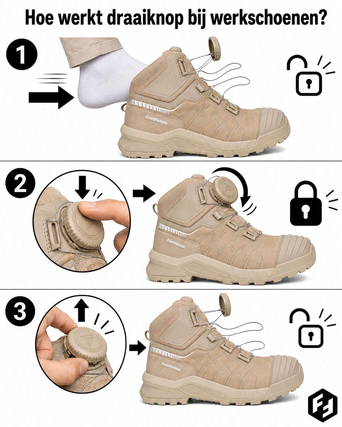 Hoe werkt draaiknop bij werkschoenen?