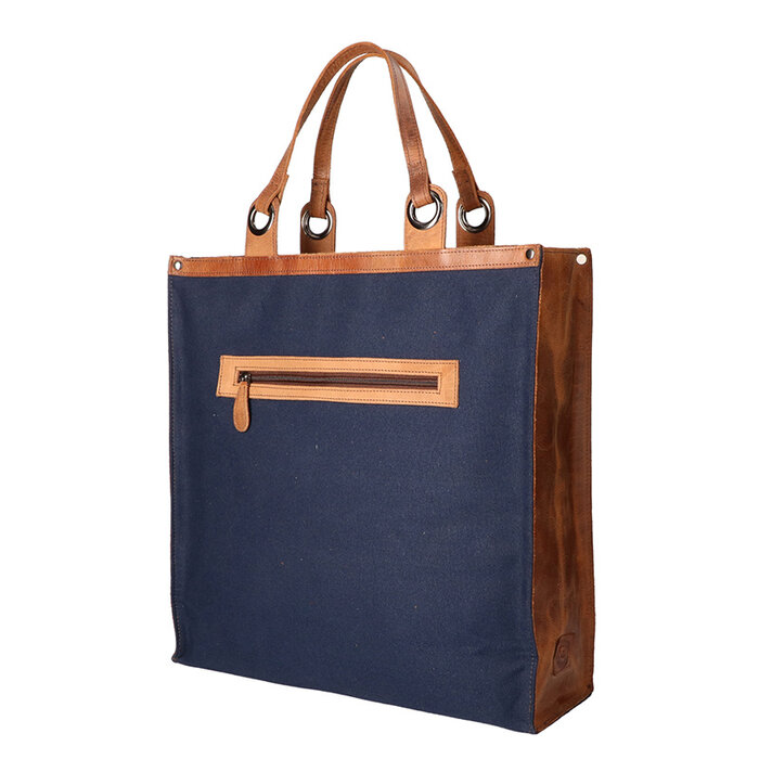 Leather Design Boodschappen tas Effen Blauw -Bruin