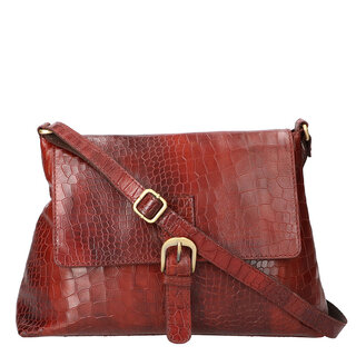 Leather Design Shoulderbag with flap Reddish Brown Croco