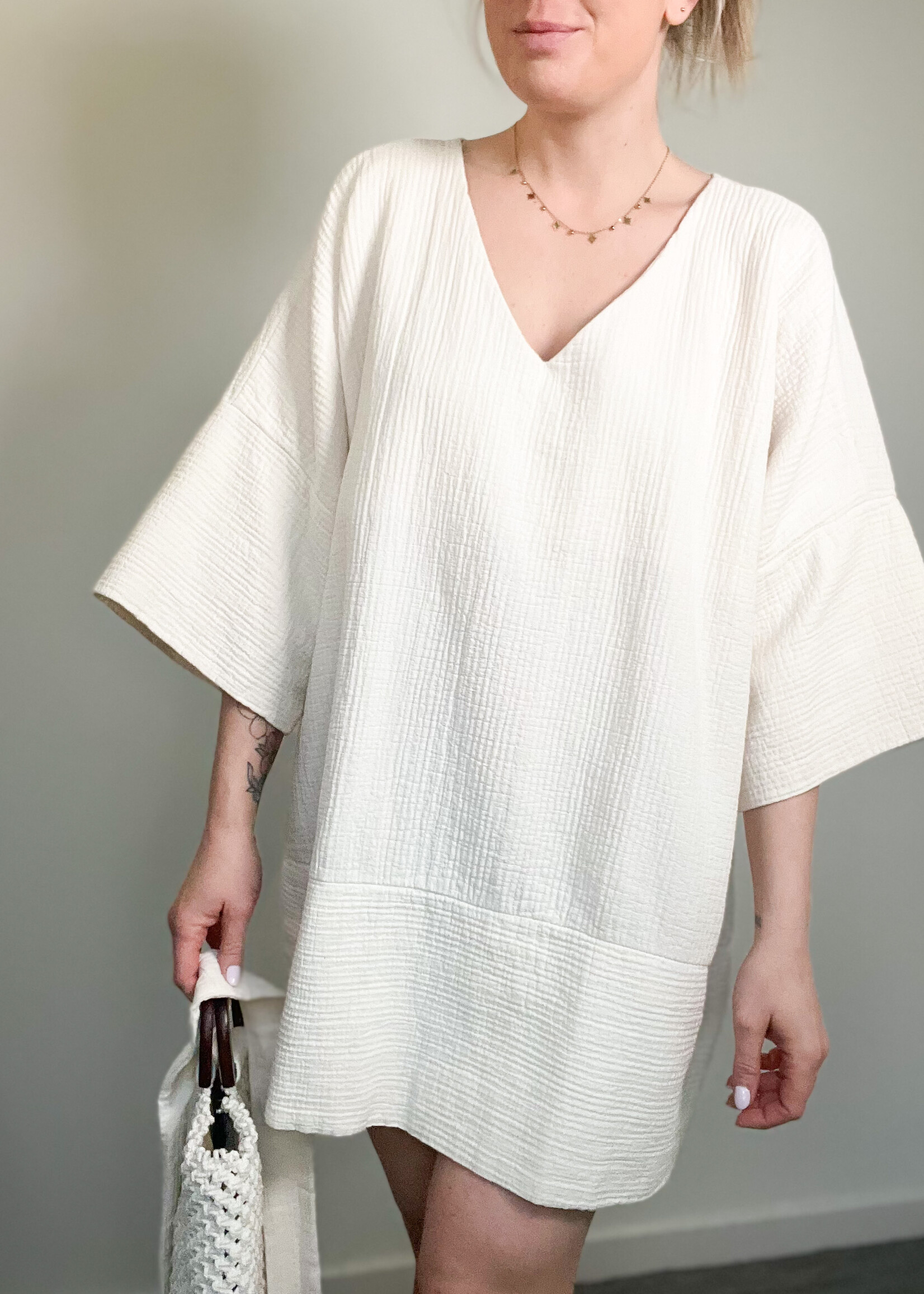 ECRU COTTON DRESS WITH BELT one size