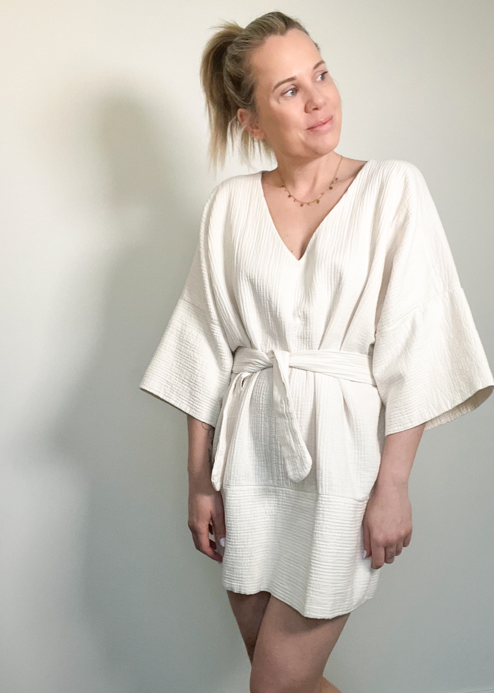 ECRU COTTON DRESS WITH BELT one size