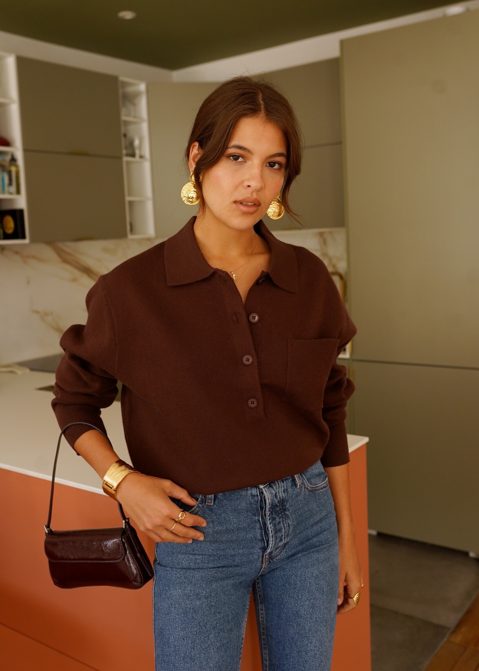 DARK BROWN POLO SWEATER