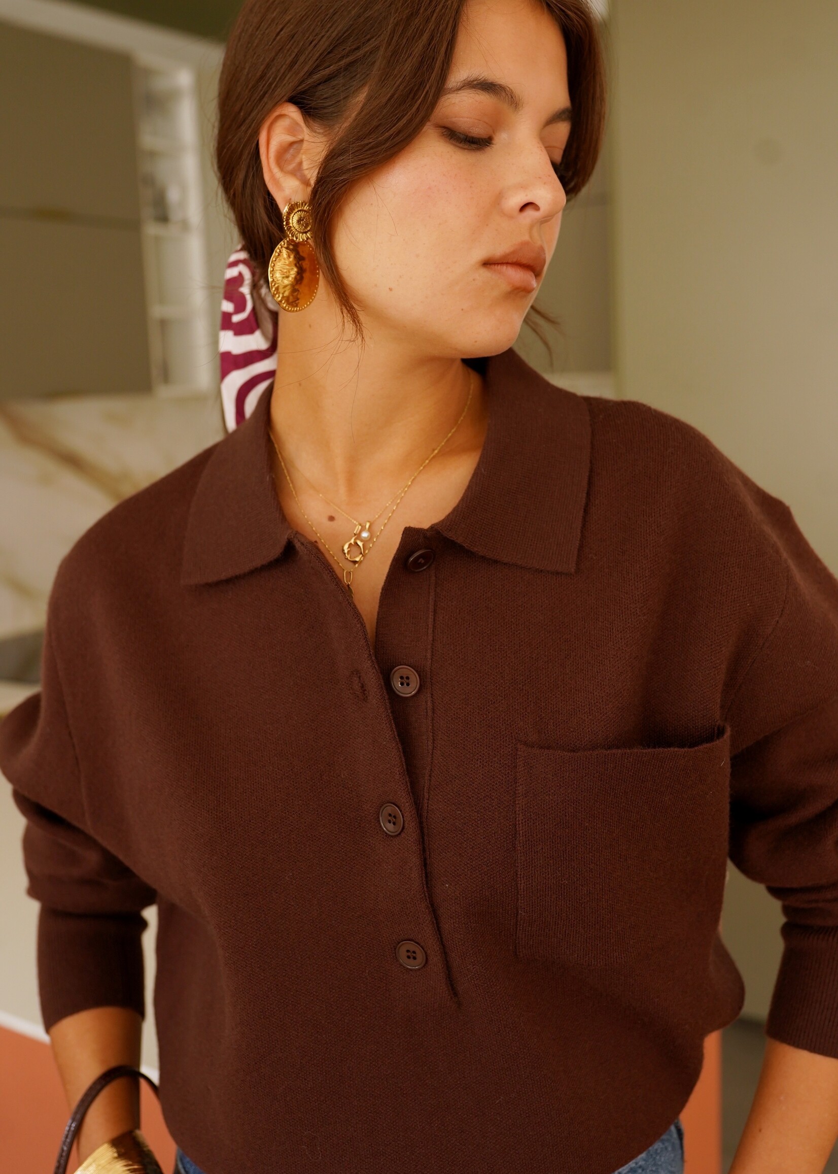 DARK BROWN POLO SWEATER