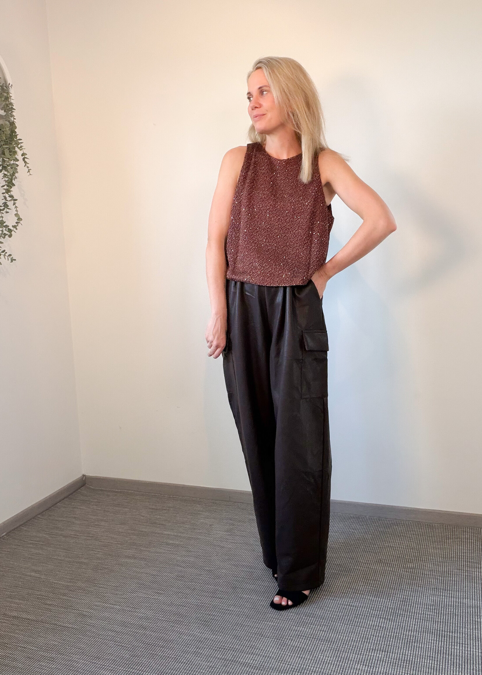 COFFEE FAUX LEATHER PANTS