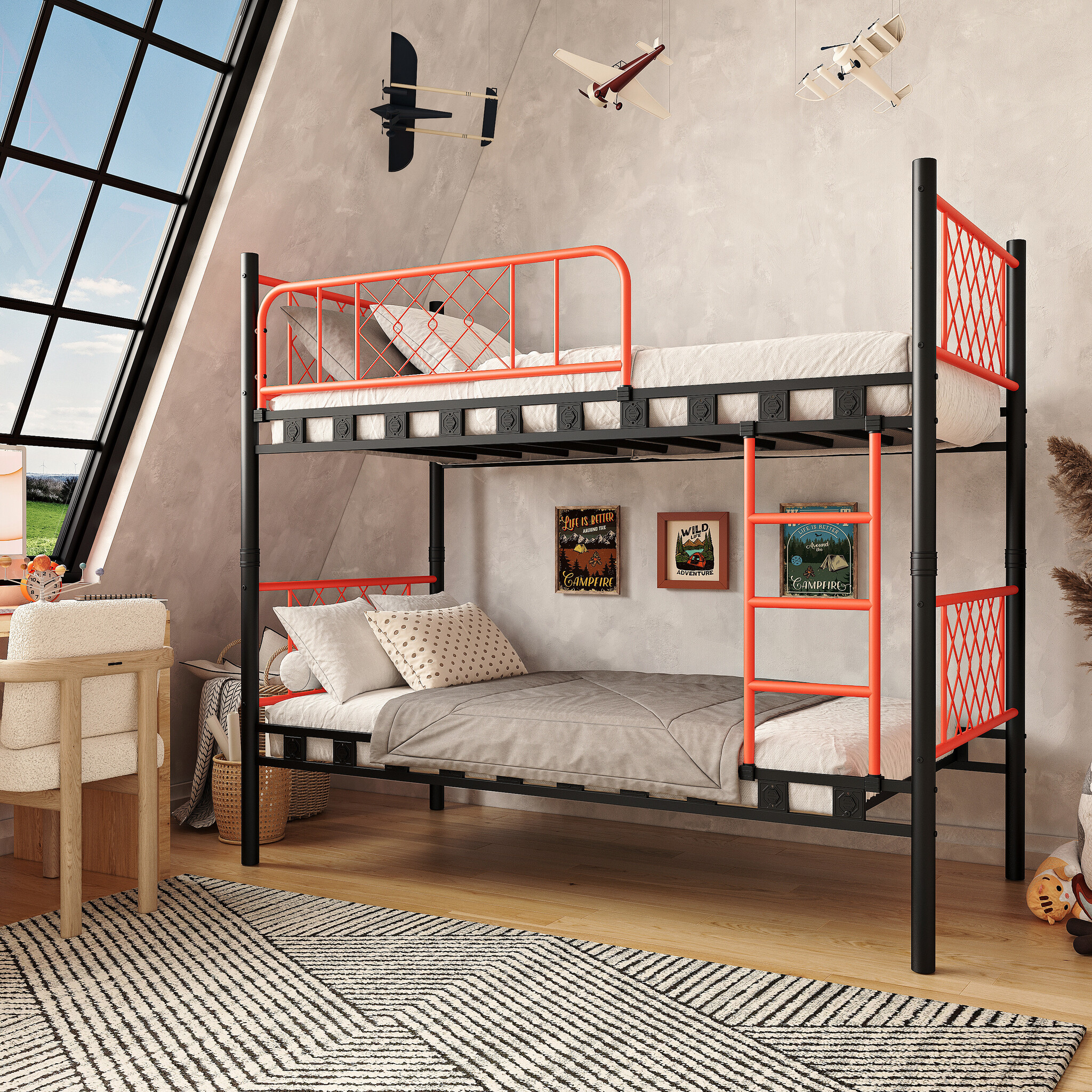 REXO Stapelbed, metalen bed met uitschuifbaar bed, met ladder aan beide zijden, voor kinderen, volwassenen, jongeren, eenvoudig te monteren, 90 (140) x 200 cm, zwart