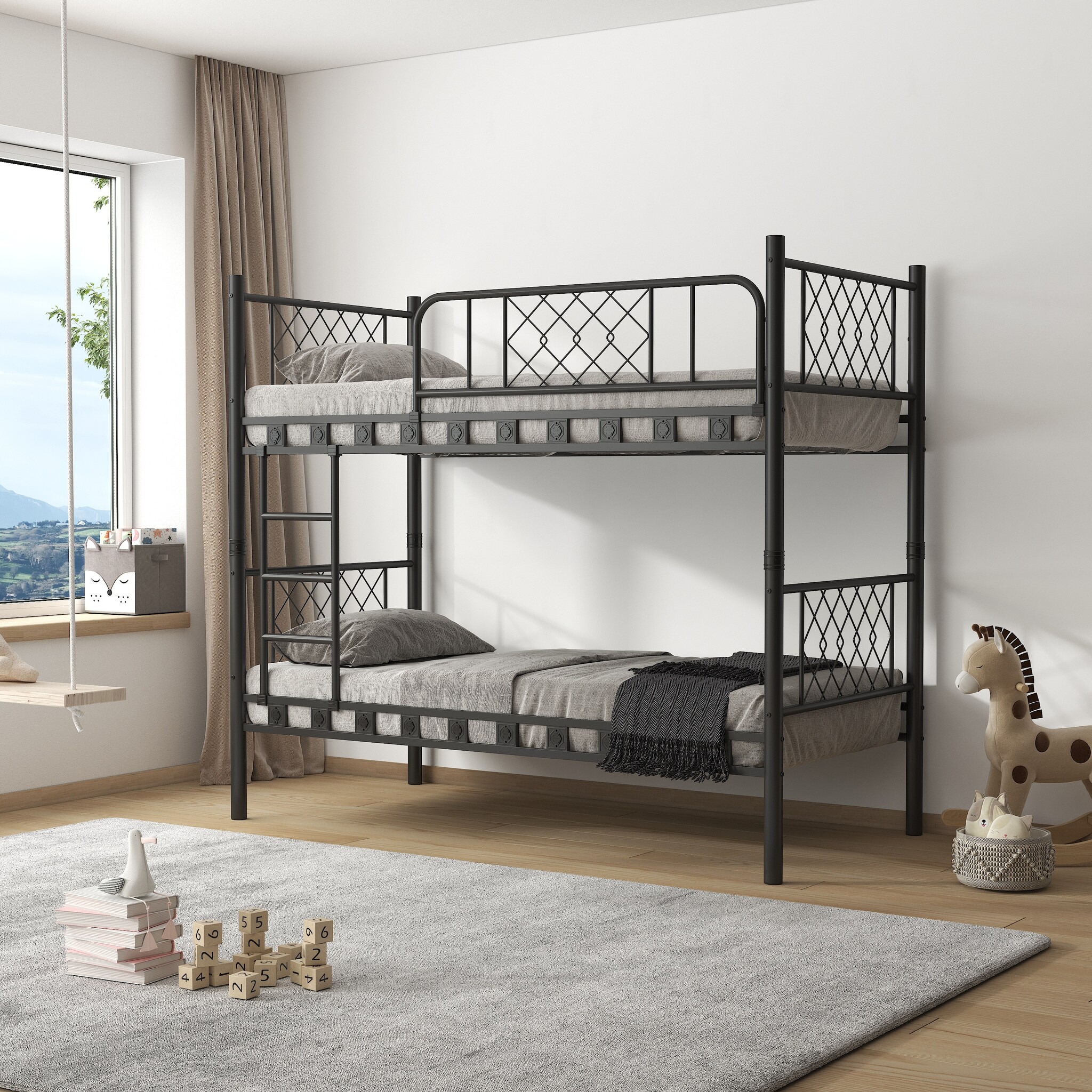 Moimhear Driepersoons bed 90 x 200 cm x 3, drievoudig stapelbed met ladder voor kinderen en jongeren, ijzeren bed met valbeschermingsrooster en tafel ( wit