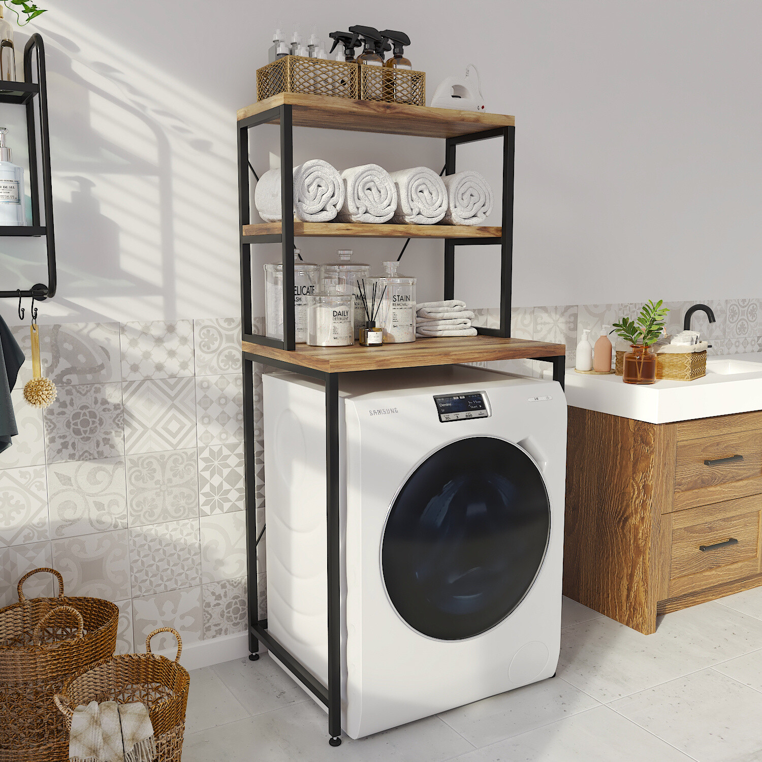 Wasmachine Kast – Opbergrek – Badkamerrek – Doucherek – Opbergkast – Hout – Inkliksysteem – Geen Boorwerk! – Grande XL