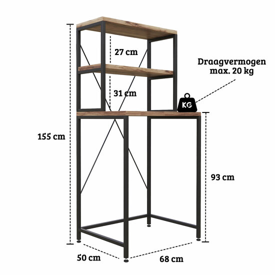 AirSleeperz® wasmachine ombouw rek Walnut+Black (50x68x155 cm)