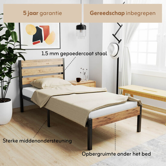 AirSleeperz® metalen bedframe Max Black/Wood 90x200 cm - 1 persoons