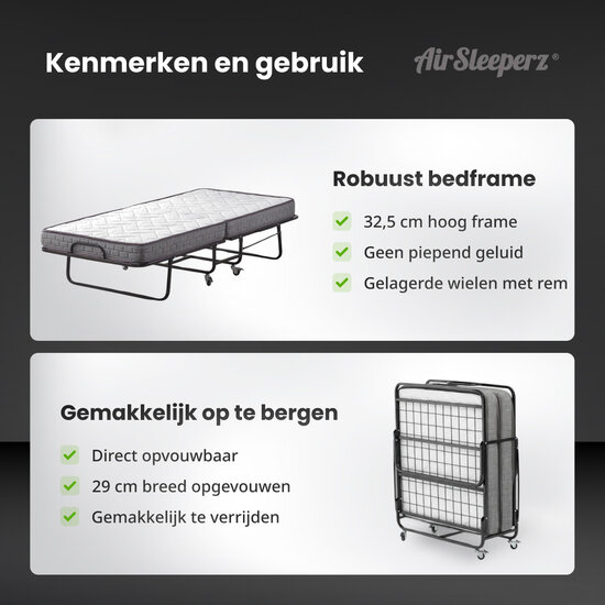 AirSleeperz® opvouwbaar bed Merel 80x200 cm - 1 persoons