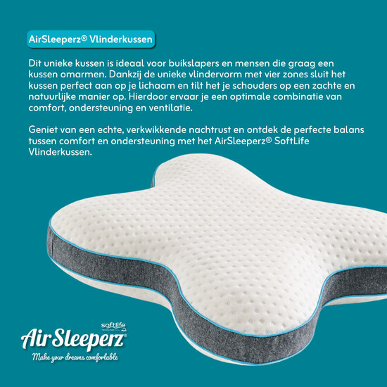 AirSleeperz® SoftLife Ergonomisch Vlinderkussen Memory Foam 57x45 cm
