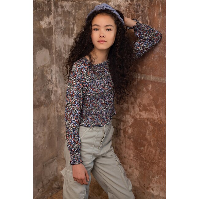 NoBell Meisjes blouse smocked bloemen - Tessa - Grijs navy blauw