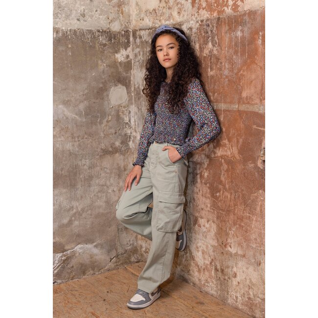 NoBell Meisjes blouse smocked bloemen - Tessa - Grijs navy blauw