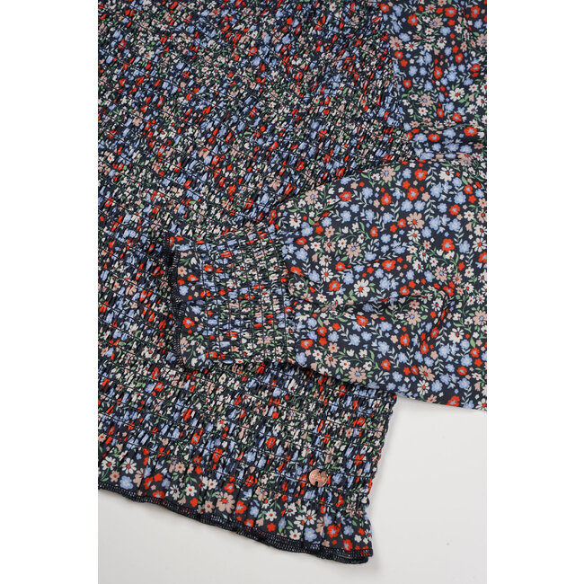 NoBell Meisjes blouse smocked bloemen - Tessa - Grijs navy blauw
