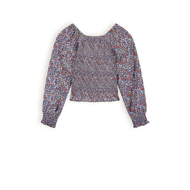 NoBell Meisjes blouse smocked bloemen - Tessa - Grijs navy blauw