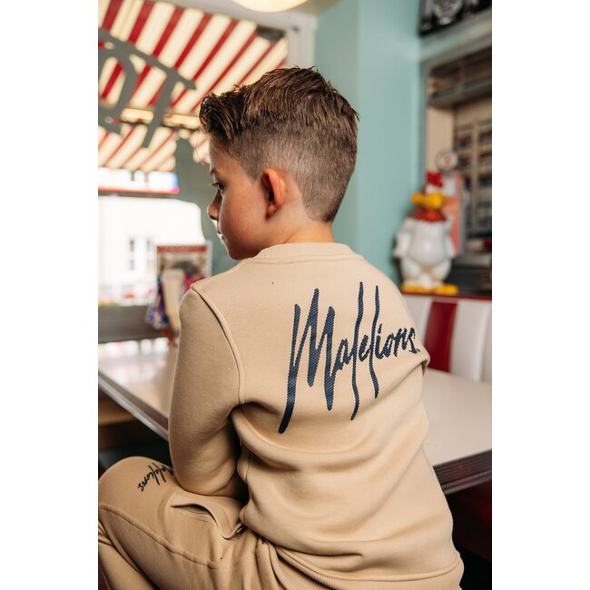 Malelions Sweater signature gestreept - Licht bruin / Navy blauw