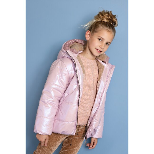 NoNo winter winterjas meisjes - roze - Bubble - dubbele capuchon, middellang