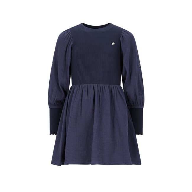 Like Flo winter jurk meisjes - navy blauw - Maya - geweven - ballonmouwen - rib