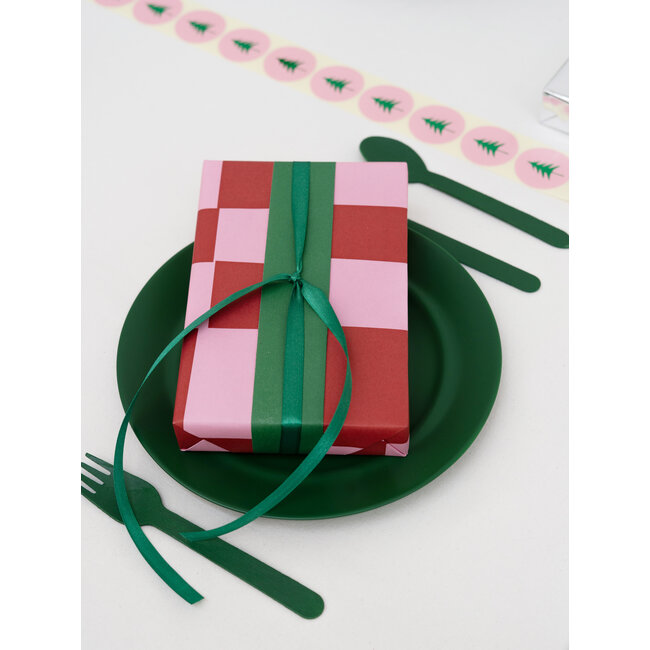 Christmas tree label: pink/metallic green