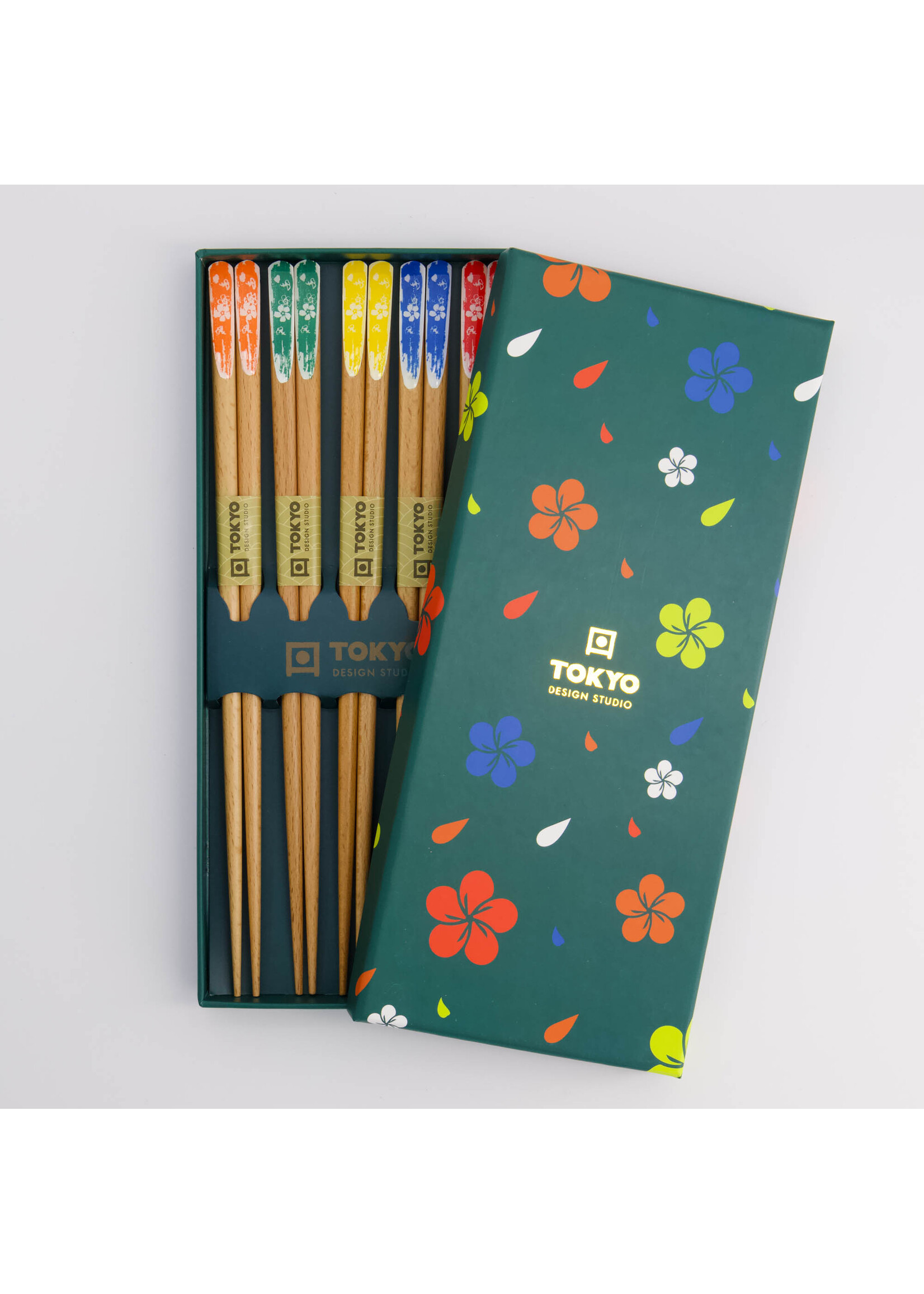 Tokyo Design Studio Chopstick Set Wooden Turquoise Flower, 5 paar, giftbox