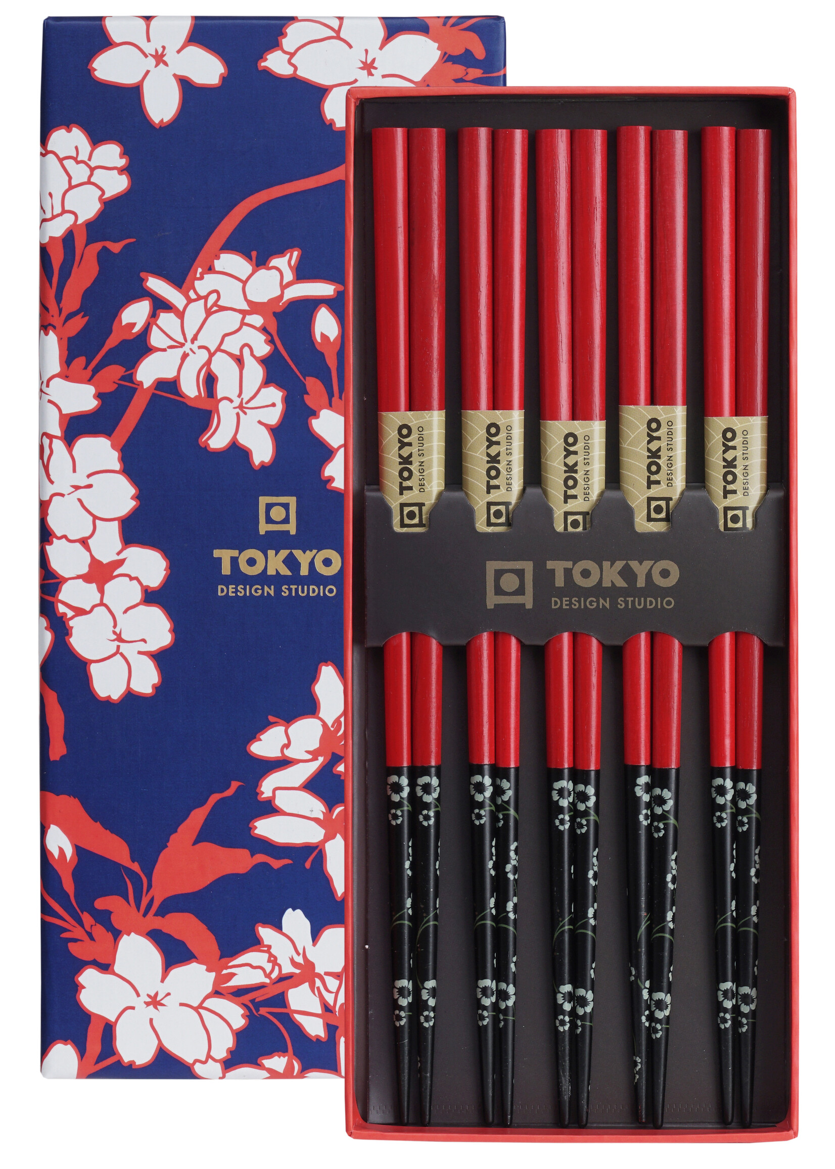 Tokyo Design Studio Chopstick Set Red Black Flower, 5 paar, giftbox