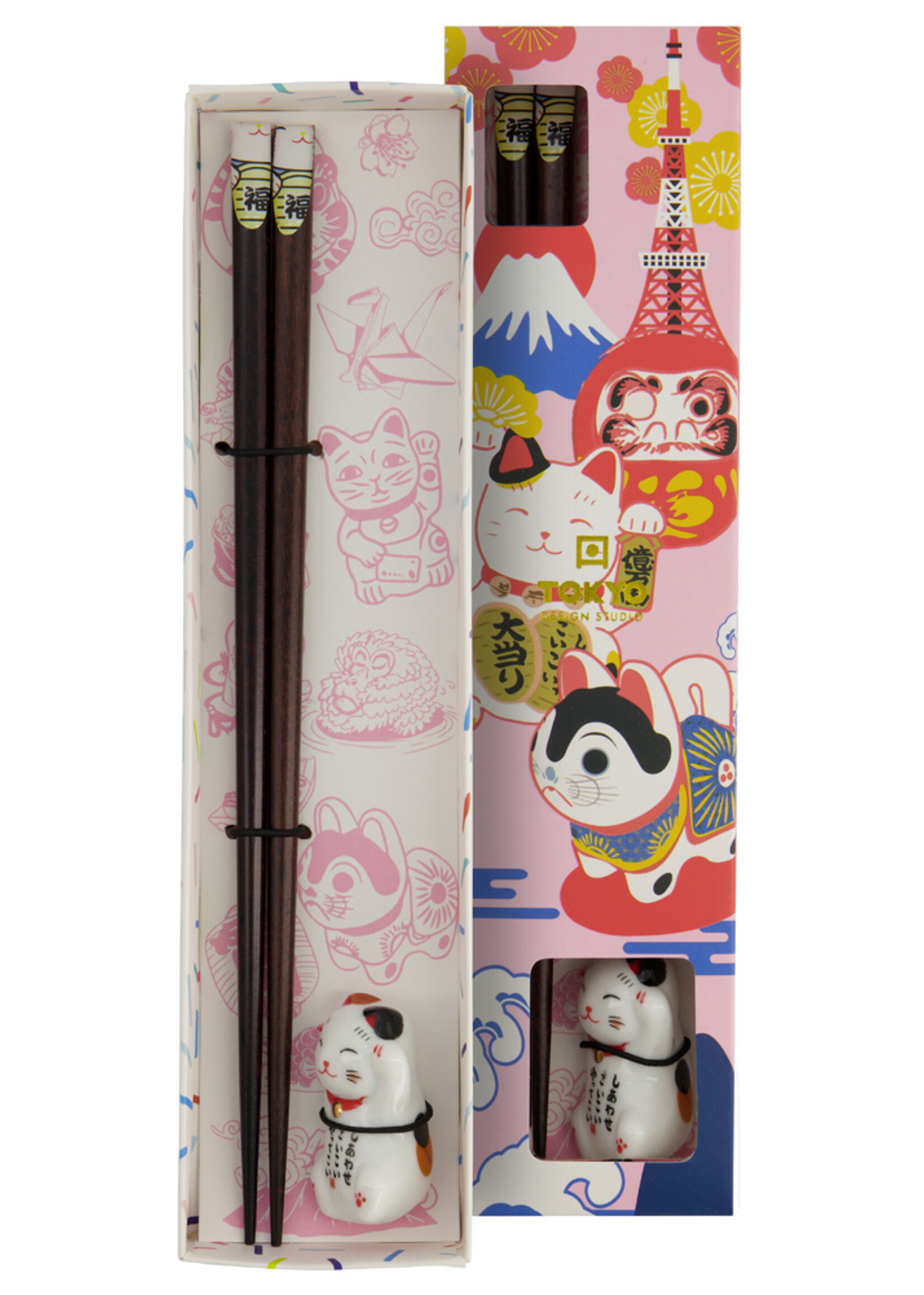 Tokyo Design Studio Chopstick Set Lucky Cat White, 1 pair + stone, giftbox