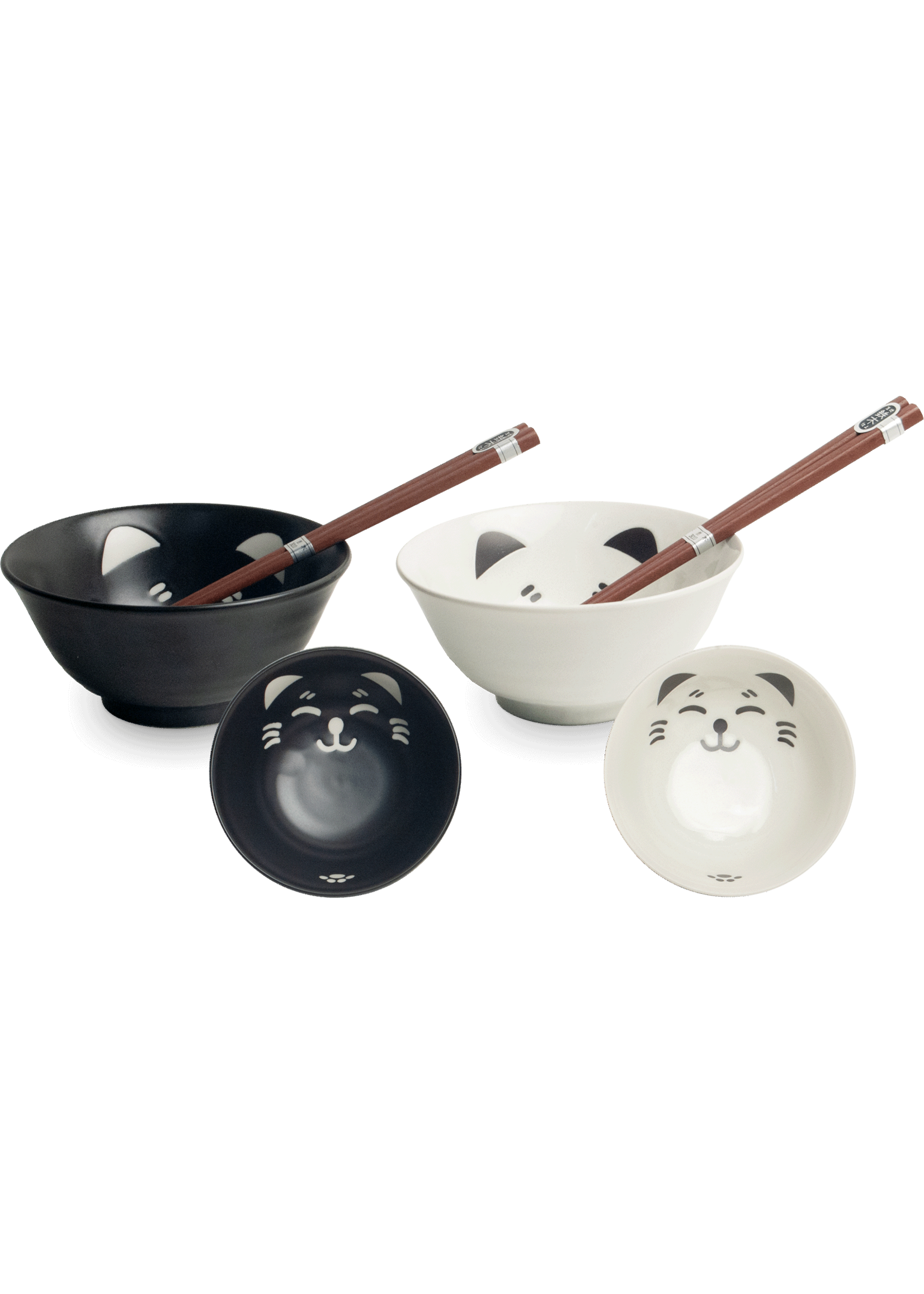 Edo Japan Black & White Cat 2-pc Bowlset, 15x7cm, chopsticks, giftbox