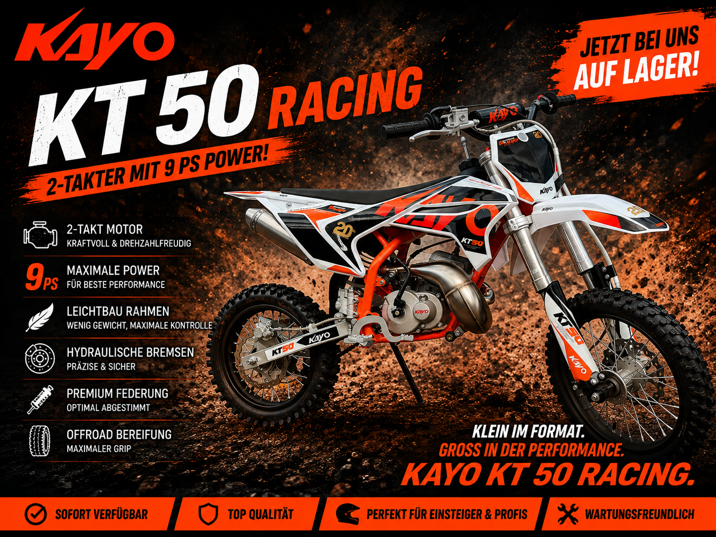 Kayo Dirtbike KT50 RACING - 50 cc 2-Takt 9 PS Räder 14"-12"