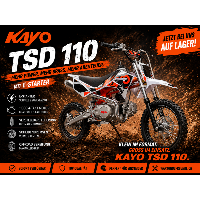 Kayo TSD 110 mit 12/14“ Räder Semiautomatik - E-Start & Kickstart