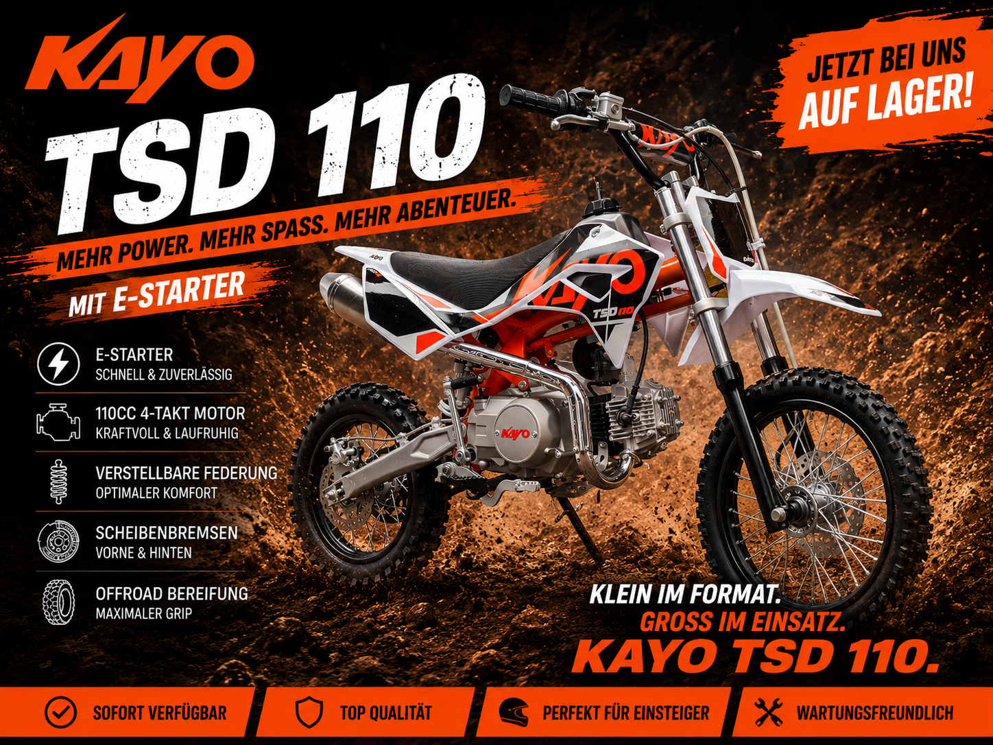 Kayo TSD 110 mit 12/14“ Räder Semiautomatik - E-Start & Kickstart